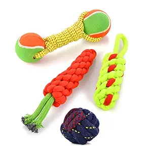 Petyantra Combo of 4 Durable Pet Teeth Cleaning Chewing Biting Knotted Small Puppy Toys Dog Toys for Puppy - Natural & Safe Cotton