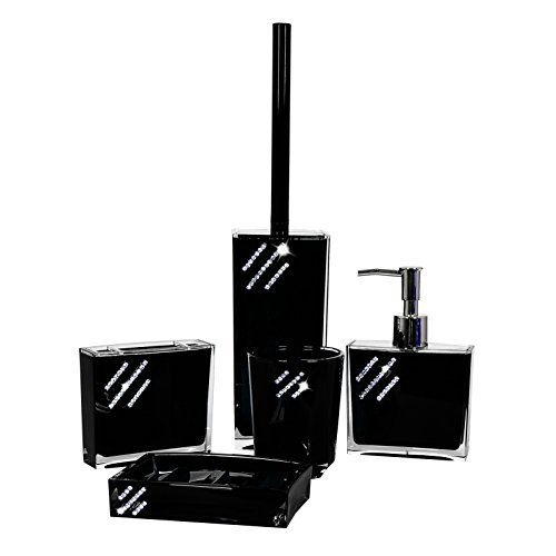 5-TEILIGES DESIGN BADSET STRASSSTEINE SEIFENSPENDER WC BÜRSTE BADEZIMMER SET (Schwarz)