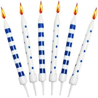 Polka Dots and Stripes Cake Candles With Holders 12's (Blue and White)