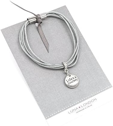 Grey cord bracelet - 'Life's a Journey' pewter design. Magnetic clasp. Travel gift.