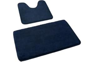 Rururug Lot de 2 Tapis Salle de Bain, Tapis WC Contour et Tapis de Bain Bleu Marine, Microfibre Antidérapants Lavable en Machine, 50 x 80 cm + 50 x 40 cm
