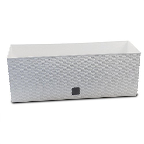 Rattan Optik Blumenkasten 51 cm Weiß + Bewässerungssystem + Wasserstandsanzeiger