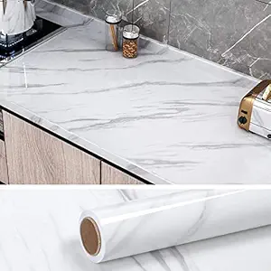 AKSHARAM AHAM Kitchen cabinets White Marble Wallpaper Oil Proof Waterproof Floor Tiles Stickers Waterproof Large Wall Paper for Home Kitchen and Decor (White Marble 60 200CM)