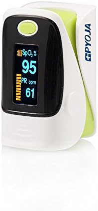 GPYOJA Fingertip Pulse Oximeter Oximetry Blood Oxygen Saturation Monitor,For Adult,with carrying case(Jet Black), batteries and lanyard,with Alarm setting,Sports use only,CE Approved (green)