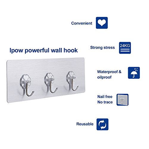 IPOW 12 Stück Haken Selbstklebend Wandhaken Handtuchhaken Kleiderhaken Wiederverwendbar Klebehaken für Küche, Badezimmer und Büro Ladegewicht bis 24kg 4 Pack mit je 3 Haken, Silber - 4