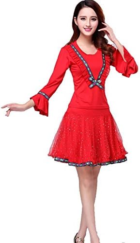 Byjia Women Sequins Latin Square Dance Dress Long Sleeves Cotton Ballroom Costume Big Pendulum Skirt Practice Match Professional Performance Sets Red S