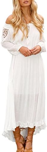 Women Dresses, Hmeng Women's Plain Off Shoulder V Neck Long Sleeve High Low Hem Casual Dress Party Maxi Dress For Women (XL, White)