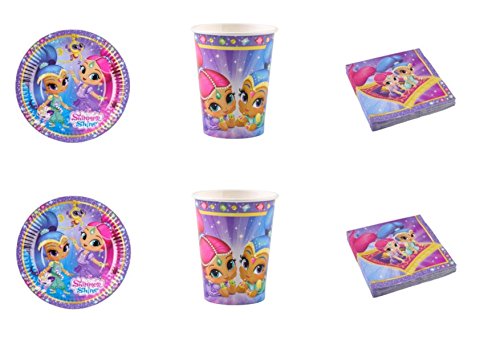 Kit nº 2 de adornos para fiestas con motivos de Shimmer and Shine: 16 platos, 16 vasos, 20 servilletas