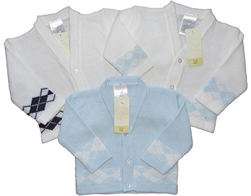Baby Boys Cardigan Three Colour Styles Argyll Diamond Pattern 0-3m 3-6m 6-9m (0-3 Months, white with navy)