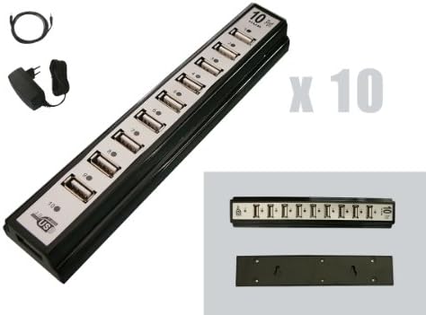 KALEA INFORMATIQUE Power Strip can be placed or fixed to the wall – 10 Ports USB 2.0 Hub with External Power Source – High Speed USB2