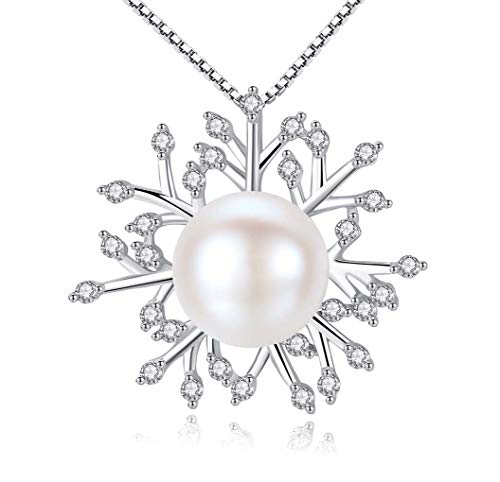 Preisvergleich Produktbild YHLU Halskette, 925 Sterling Silber glänzende Zirkonia natürliche Perle Schneeflocke Anhänger Halskette, 18"