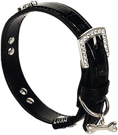 Luxo Faux Leather Collar with Glitter Bow, 28.5-36 x 2.2 cm, Black