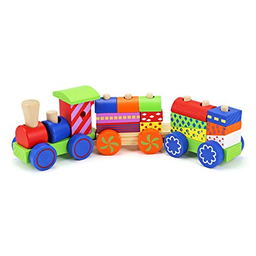 Pacago 17 Piece Wooden Train Set Kids Building Blocks Stacking Toy Children Role Play Colourful Accessories