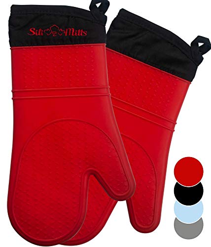 Guantes de cocina tipo manopla horno - 2x Guantes horno largos profesionales resistentes al calor - Guantes barbacoa de silicona para hornear con forro - Sin BPA y aprobado por FDA - Rojo