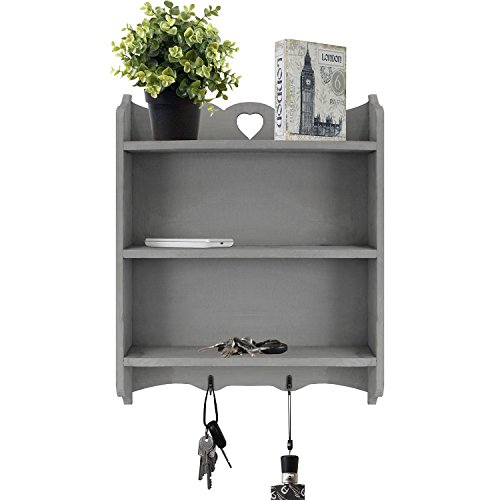 Wandregal 38x9x48cm mit 3 Ebenen und 2 Haken Wandboard Hängeregal Holzregal – Grau - 2