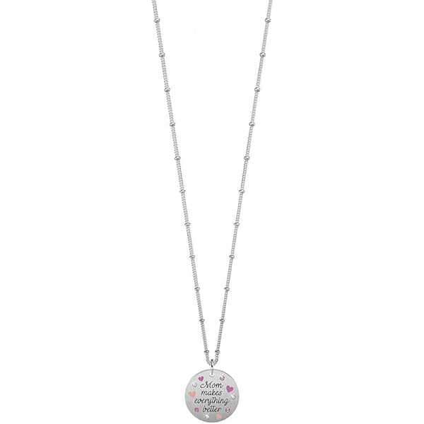 KIDULT Collana Donna 'Mom Loves You' - Ciondolo Tondo 22 Mm In Acciaio 316L Con Smalto E Cristalli, Lunghezza 80 Cm
