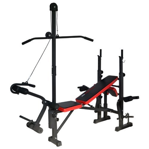 TrainHard Kraftstation Fitnesscenter Hantelbank schwarz/rot mit 1,6m Langhantelstange und 25kg Hantelscheiben - 2