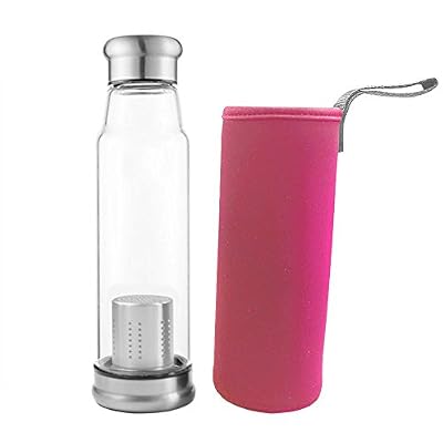 Valali Théière infusion avec filtre,Valali 550 ml bouteille d'eau portable en verre avec infuseur en inox,Housse en nylon (Manches rose rouge)