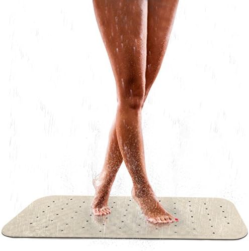Non-Slip Bath Mat with Suction Cups | Cream-Coloured | 36 x 97 cm | Made of Natural Rubber | Extra-Long Anti-Slip Bathtub Mat | Insert and Shower Mat