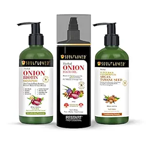 Soulflower Onion Hair Oil, Onion Biotin Shampoo & Silicon-Free Conditioner| Hair Fall Control, Hair Growth, Hair Nourishment, Dry Hair, Men & Women | Plant Keratin, Amla, Shikakai | Pack of 3