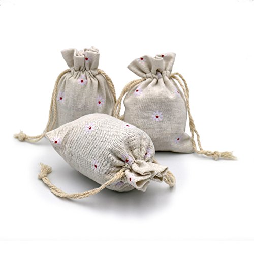 20 Stück Leinensäckchen 9x12cm Leinen Beutel Säckchen Baumwollbeutel mit praktischen Zugband Perfekt für,Lavendelblüten , Schmuck Geschenke (Weiß Blume) - 4