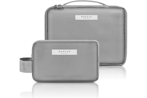 Aucuu 1PCS Impermeable Maquillaje Neceser de Viaje, Doble Esponja Espesa La Bolsa de Cosméticos, Neceser de Viaje con Asa y Compartimento, Bolsa con Espejo (Gris-L+S)