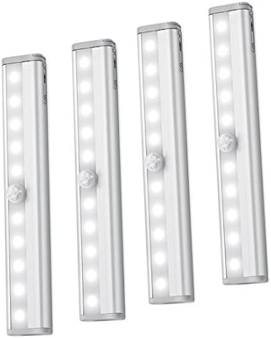 Motion Sensor Light Bar, (10 LED, 4 Pack), Battery Operated LED Closet Night light with Portable Sticky Back for Wall Cabinet Stairway Bathroom Pantry