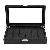 Swiftswan Uhrenbox Carbon Black Fiber Äußere Schwarze PU Leder Innenkissen 12 Grids Uhrengehäuse Speicherorganisator Armbanduhr Halter