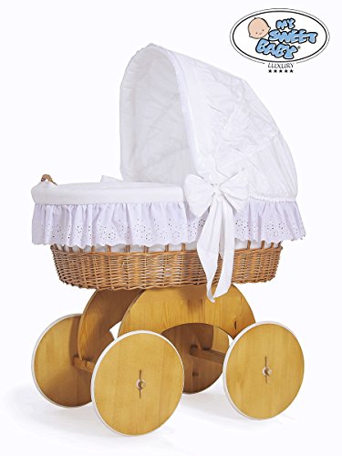 **BRAND NEW LUXURY NATURAL WICKER CRIB / MOSES BASKET / BASSINET WITH HOOD, SOLID WOODEN BASE, WHITE WITH LACE BEDDING SET + BRITISH MADE MATTRESS