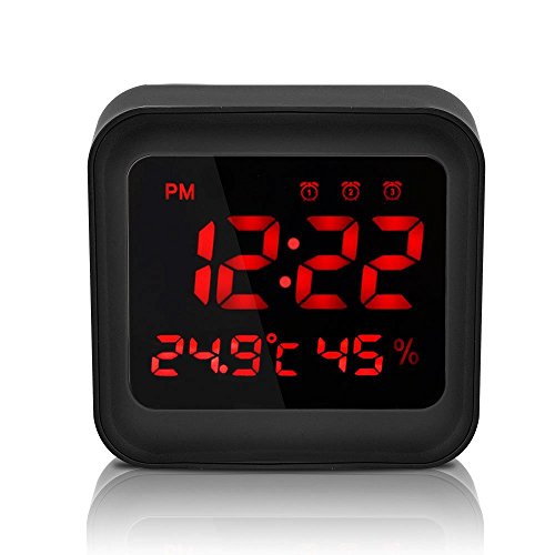 Welltop Digital Wecker mit 3 Sätzen Alarm, Zeit / Temperatur / Luftfeuchtigkeit Anzeige, Großbildschirm Reise Wecker, Schwarz