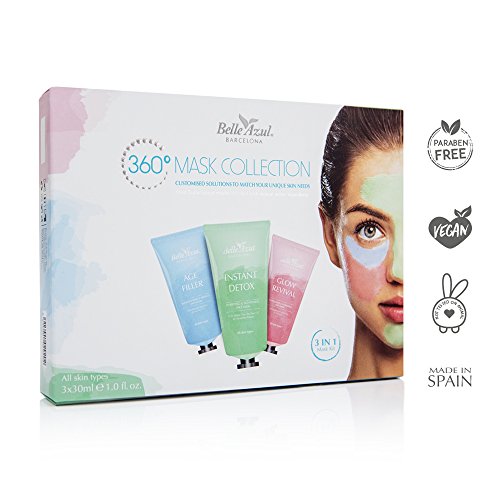 Belle Azul 360 Mask Collection – 3er Gesichtsmasken Set für die optimale Hautpflegebedürfnisse unterschiedlicher Gesichtspartien. Basierend auf Shea Butter mit Jojobaöl, Pink Clay, White Clay, Ginseng, Retinol und Teebaumöl. Gegen trockene Haut, Unreinheiten, und zur Faltenreduzierung ✔ Ohne Parabene und Phtalate ✔ Ohne Tierversuche ✔ vegan ✔ 3x30ml - 3