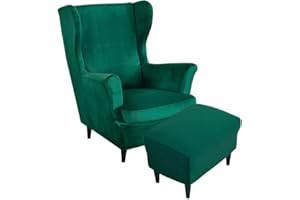 Highdi 2 Teilig Samt Ohrensessel Überzug Mit Ottomane Schonbezug, Sessel-Überwürfe Ohrensessel Schonbezüge Bezug Sesselhusse Stretch Tiger Stuhlbezug mit Armlehne Hohe Rückenlehne (Dunkelgrün)