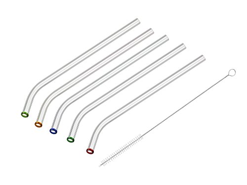 Supremery Glas-Strohhalme 5er Set mit Reinigungsbürste, handgefertigt und gebogen - Jumbo Glas-Trinkhalme perfekt für Cocktails, Smoothies usw. - 23 cm lang wiederverwendbar und umweltschonend