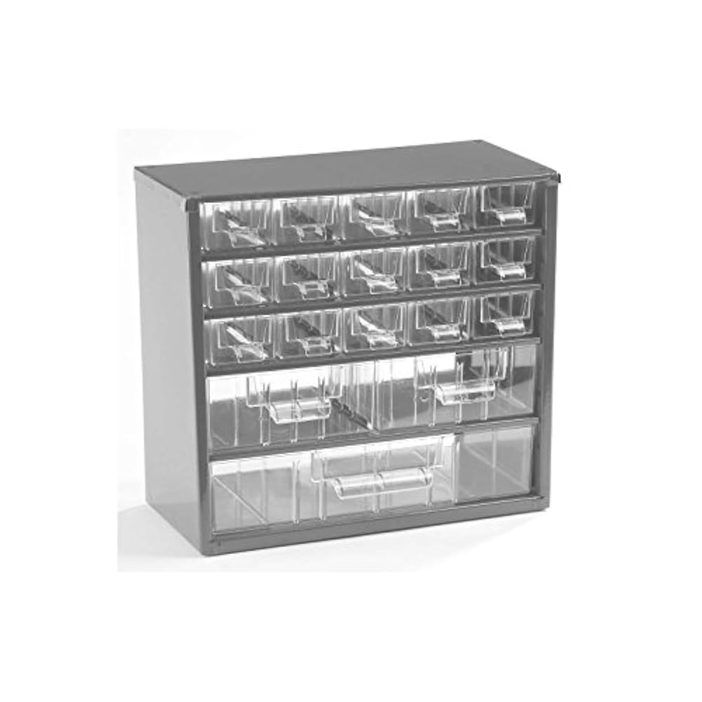 Certeo Schubladenmagazin aus Stahl | HxBxT - 282 x 306 x 155 mm | 18 transparente Schubladen - 3 Größen| Gehäuse lichtgrau| Kleinteilemagazin Klarsichtmagazin