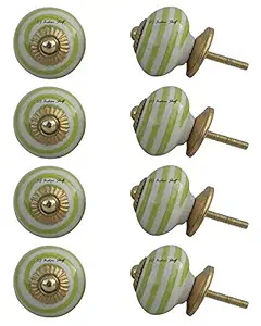 8 Pieces HandPainted Knobs | Ceramic Drawer Pulls With Backplate | Green Dresser Drawer Handle | Stripe Dresser Knobs Girls Room | 3.81 cm Knobs