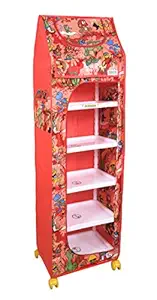 FLIPZON Multipurpose 6 Shelve Foldable Baby Wardrobe/Toy Box (Jungle),Plastic, Red