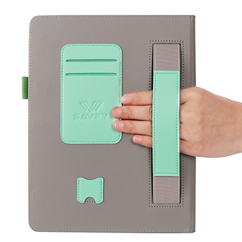 SAVFY iPad 2/3/4 Hülle Auto Sleep Wake up Funktion Business Serie Case Smart Cover mit Klettverschluss Handschlaufe, Kartensteckplätze Mintgrün - 4