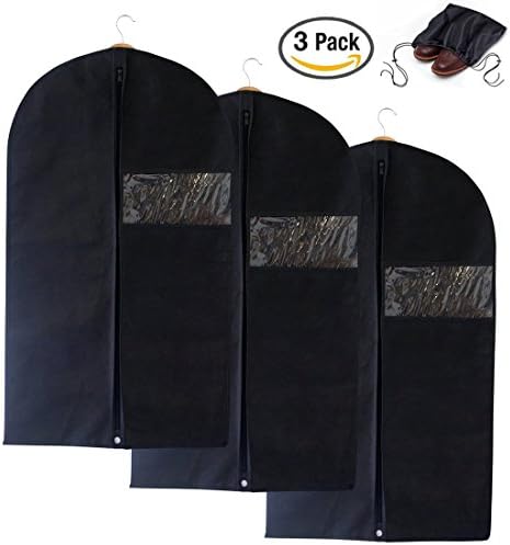 UKGOOD Updated 3× Pack Garment Suit Cover Bag with Shoe Bag - Breathable &amp; Dustproof Non-woven Garment Bag Cover for Suit Carriers, Dresses, Linens, Storage or Travel - Suit Bag with Clear Window