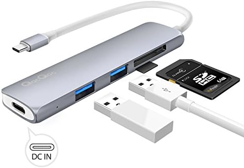 GN22A MacBook Hub Aluminum Type-C Hub USB C Cable, 2 Superspeed USB 3.0 Ports, 1 USB C Port with PD, 1 SD Card Reader and 1 MicroSD Card Reader for MacBook Pro, Google Chromebook, Huawei Matebook Gray