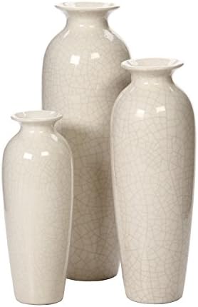 Hosley's Set of 3 Crackle Ivory Ceramic Vases in Gift Box