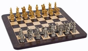 WE Games Medieval Chess Set - Pewter Pieces &amp; Walnut Root Board 16 in. by Wood Expressions