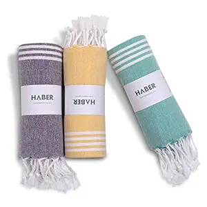 Haber - Turkish Style Premium Cotton Bath Towel - Aura Collection (Pack of 3, Yellow, Mint & Purple)