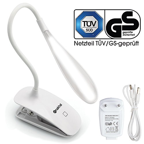 Preisvergleich Produktbild Nakhal LED Leselampe / Wiederaufladbare Flexibele LED Nachtischlampe mit USB / Tragbare Klemmleuchte / 3-Stufen Helligkeit / Schreibtischlampe mit Klammer / Netzteil und USB-Kabel inklusive / Weiß