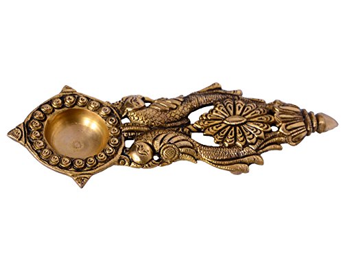 Purpledip Brass Aarti Diya Deepak Holder with Intricate Sculpting and Pair of Parrots (10376)