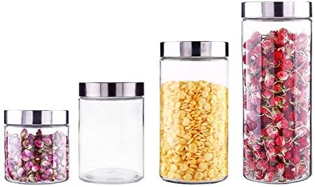 RSTJ-Sjkw Spice Jars 4 Round Transparent Glass Spice Bottles With Silver Metal Lids Airtight Dry Food Storage Spice Container Set