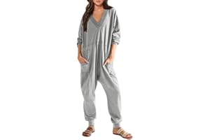 Haibang Mono Casual de Manga Larga para Mujer, Cuello en V, Color Sólido, Ajuste Holgado, Gran Tamaño, Pijama con Bolsillo