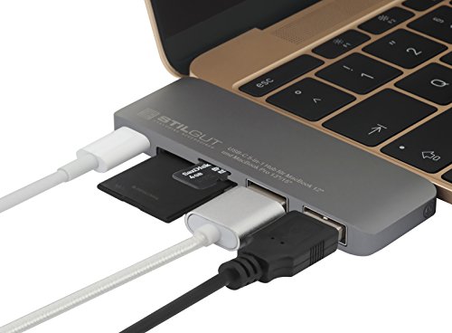 StilGut USB Typ C Hub mit Ladefunktion, Adapter – mit 2-Port USB 3.0, microSD und SD-Kartenleser für Apple MacBook mit USB-C-Anschluss, Space Grey - 3