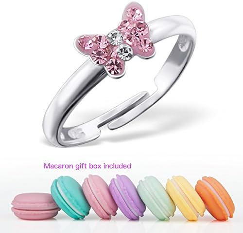 CuteCachoo - Mini macaron gift box included! Childrens adjustable crystal butterfly ring in rose pink. Quality sterling silver to fit ages 3 to 8 years.