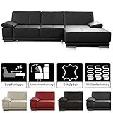 ledersofa schlaffunktion bettkasten Ledergarnitur schwarz aus hochwertigem Echtleder fürs Wohnzimmer mit praktischer Armteilfunktion und Longchair / Schlaffunktion (Bett in drell dunkel) sorgt für eine große Liegefläche für optimalen Komfort oder dient als Gästebett