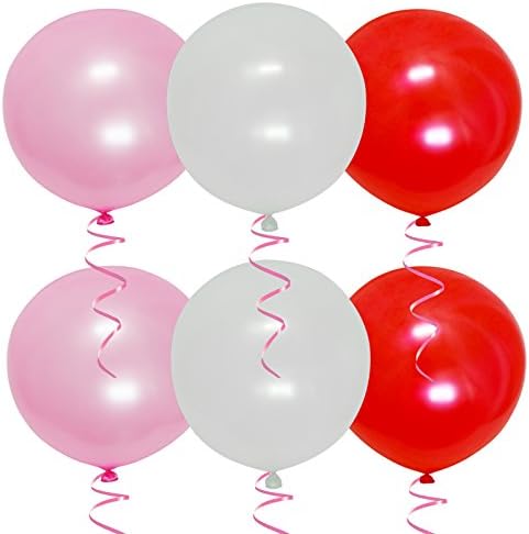 Autumn Love 6pcs Giant 36 Inches Latex Balloons with 12MM x 27.5 Metre Ribbon for Birthday Party Wedding Festival Celebrations Decorations - White Pink and Red